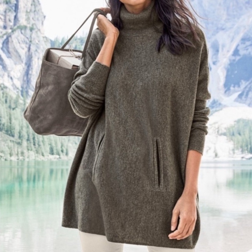 Garnet Hill Oversized Turtleneck Tunic Sweater Merino Wool Cashmere Gray Large‎